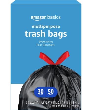 Amazon Basics Multipurpose Drawstring Trash Bags, 30 Gallon, 50 Count (Previously Solimo)