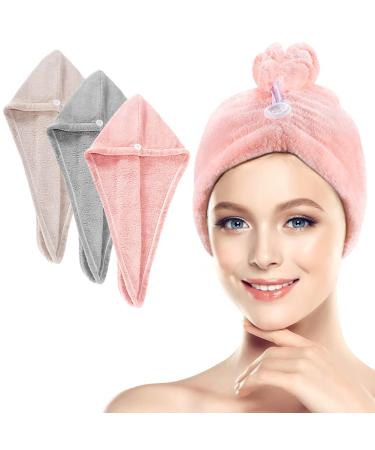 Microfiber Hair Towel Wrap 3 Pack Hair Towel Super Absorbent Twist Turban with Button Design Quick Drying Towel for Long/Thick/Curly Hair Three Colors