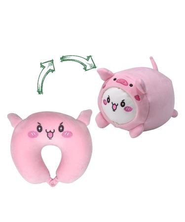 JOYRAVO 2-in-1 Travel Pillow for Kids - Soft and Adorable Animals Plushie That Converts into a U-Shaped Neck Pillow for Ultimate Comfort During Airplane Train Bus Trip -Pink Pig
