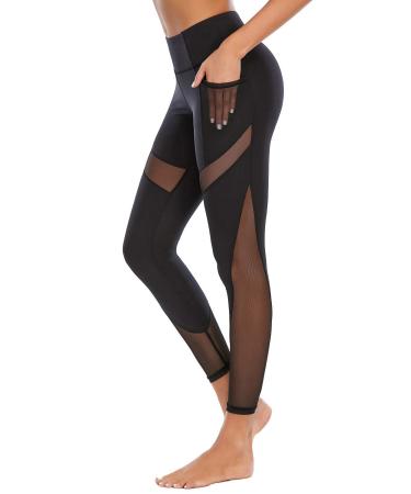 CSTOWN Women's High Waist Yoga Pants with Side Pockets Stretchy Mesh Insert Workout Leggings Tummy Control Yoga Tights Large Black