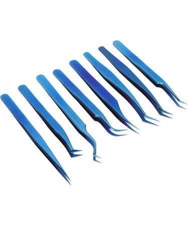 8-Piece Stainless Steel Eyelash Tweezers Set - Fine Tip Ergonomic Blue Titanium Eye Makeup Tools for Women - Portable & Durable - Buy Online on SooperMarket.com