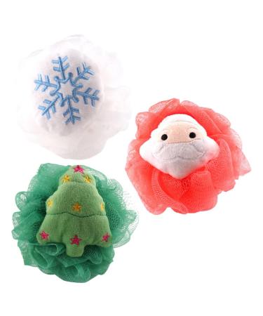 KALLORY 3pcs Christmas Bath Loofah Santa Claus Xmas Tree Mesh Pouf Ball Shower Sponge Body Scrubber for Bathroom Body Puff Scrubbers for Skin Exfoliating