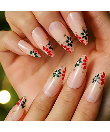 Vatocu Christmas False Nails Short Red Press on Nails Snowflakes Elk Fake Nails Snowman Acrylic Stick on Nails for Women and Girls(24pcs)