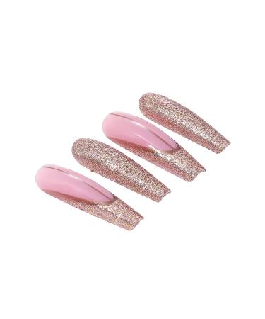 Brishow Long Gold Glitter Press-On Nails - 24 Ballerina Acrylic Pink False Nails for Women & Girls | Premium Quality Artificial Nails - Buy Online on SooperMarket.com