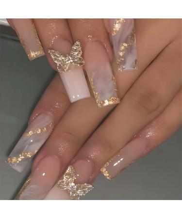 Nail Press ons Long Press on Nails Coffin Fake Fingernails Glossy Ombre Acrylic False Nails with 3D Butterfly Designs Gold Glitter Powder Artificial Nails Stick on Nails for Women 24Pcs Long Style-Z3Z24