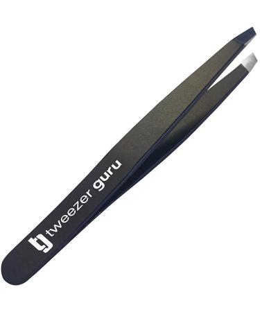 Tweezer Guru Tweezers for Eyebrows - 1 Pack Slant Tip Professional Stainless Steel Eyebrow Tweezers for Women & Men - Great Precision on Brow Facial Hair & Ingrown Hair (Black)