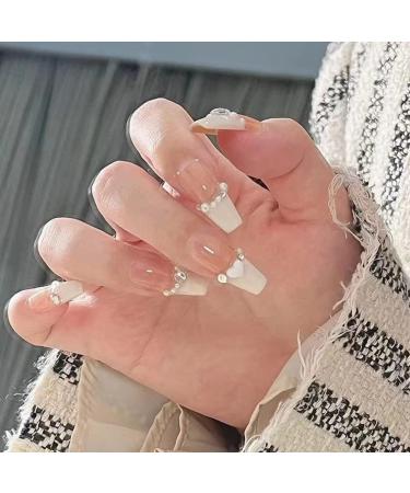 French Tip Press on Nail Long White Rhinestones Stick on Nail False Fake Nails Fake Nail with Glue for Women Girl Nail Art - Buy Online on SooperMarket.com
