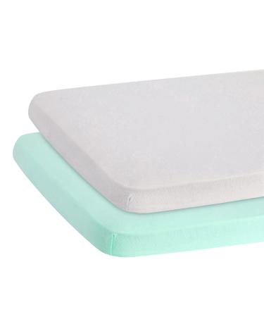 TILLYOU 2 Pack Mini Crib Sheets - Fitted Crib Sheet for Stretchy Jersey Knit Portable Mini Crib, Play Yard, Playpen, Playard Bedding Sheet for Boy Girl, Light Green & Light Gray Lt Green & Lt Gray 24x38x5 Inch (Pack of 2)