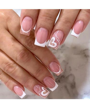 JUSTOTRY 24 Pcs Heart Square Short False Nails Milky French Press on Nails Pattern Glitter Fake Nails Medium with Nail Glue Pink Stick on Nails for Women Squoval Nails Fake Nail for Nails Art Milky&heart1