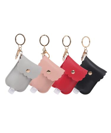 4 Pcs 30ml Leather Holder Keychain Travel Bottle Keychain Holder Set Empty Leakproof Plastic Squeeze Bottles Rfillable Hand Soap Containers with Flip Cap for Lotion Essential Oil