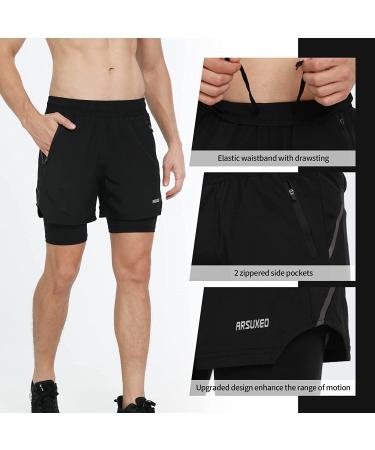 ARSUXEO Men's 2 in 1 Active Running Shorts with 2 Zipper Pockets B191 Black Medium - Buy Online on SooperMarket.com