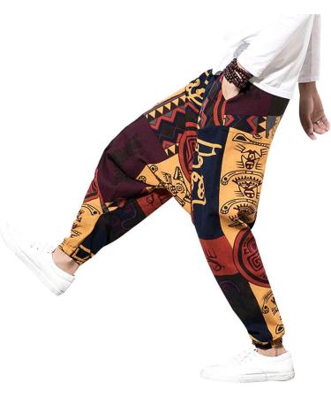 Pejihota Men's Loose Hip-Hop Harem Pants - Linen Bohemian Aladdin Yoga Pants with Pockets | Retro Print & Deep Step Style - Buy Online on SooperMarket.com