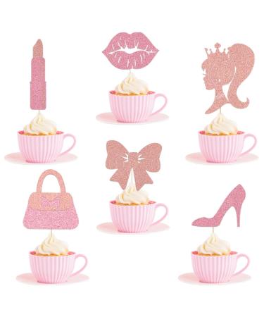 24 PCS Hot Pink Girl Cake Toppers - Glitter Princess Birthday Cupcake Decorations - High Heel Lipstick bowknot Cupcake Picks for Wedding Baby Shower Anniversary Girl Birthday Themed Party Supplies