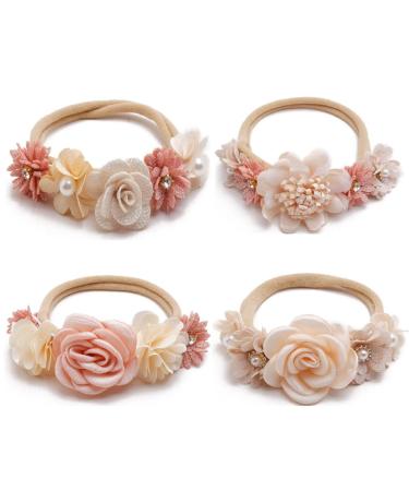 Lichuanuk 4 pieces baby girls flower stir straps with stain band elastic nylon hair band Newborn headband baby hair accessories for party wedding family photo 4Pcs pink
