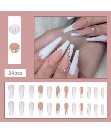 White French Fake Nails with Rhinestones and Sequins | Long Stick on False Nails Art Kit - Buy Online on SooperMarket.com