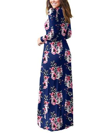 Shop Women's Casual Summer Maxi Dress - Long Sleeve U-Neck Loose Swing with Pockets Floor Length Beach Dress in 3XL Blue - Buy Online on SooperMarket.com