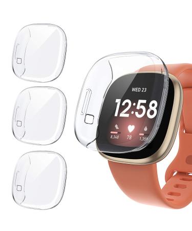 [3 Pack] Tensea Compatible with Fitbit Versa 3 / Sense Screen Protector Case, Soft TPU Bumper Full Around Fit bit Versa3 Sense Cover Protective Accessories (Clear/Clear/Clear, 3) Clear/Clear/Clear 3