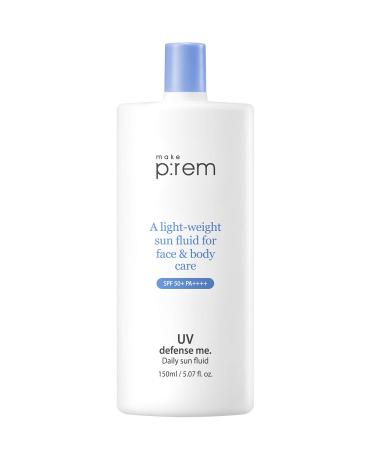 make prem UV Defense Me Daily Sun Fluid  SPF 50+ PA++++  VEGAN Reef-safe Physical and Chemical Body Sunblock  Non-Greasy Calming and Hydrating Korean Facial Mild Sunscreen 150ml  5.07 fl.oz.