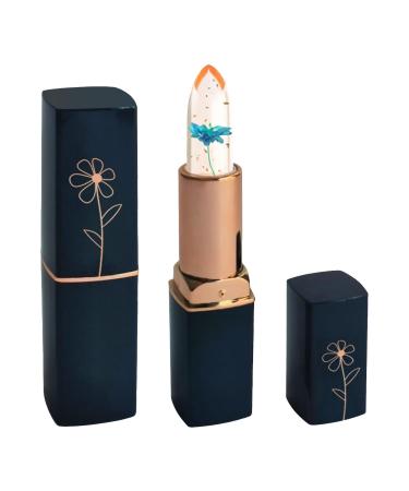 LZPCarra Dark Blue Tube Transparent Dried Flower Lipstick Gold Leaf Jelly Colour Changing Moisturising Lip Balm Moisturising Lip Care (E One Size) 1 count (Pack of 1) E