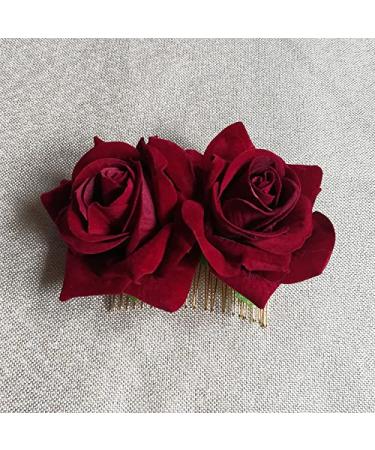 Rose Hair Clip Comb for Women - Burgundy Flower Hairpin for Wedding, Brides, Girls - Dark Red Hair Accessory - Buy Online on SooperMarket.com
