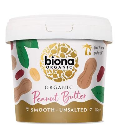 Biona Organic Smooth Peanut Butter 1KG - Unsalted & Palm Oil Free - Made with Freshly Roasted Organic Nuts - Source of Vegan Protein - Gluten & GMO Free