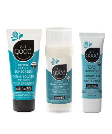 All Good Sport Mineral Sunscreen & Facial Sunscreen Bundle - UVA/UVB Broad Spectrum  Water Resistant - Includes (1) SPF 50 Butter Stick  (1) SPF 30 Lotion  & (1) SPF 30 Facial Sunscreen