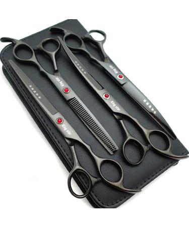 7.0in Titanium Professional dog Grooming Scissors set,Straight & Thinning & Curved scissors 4pcs set for Dog grooming (Bright black)