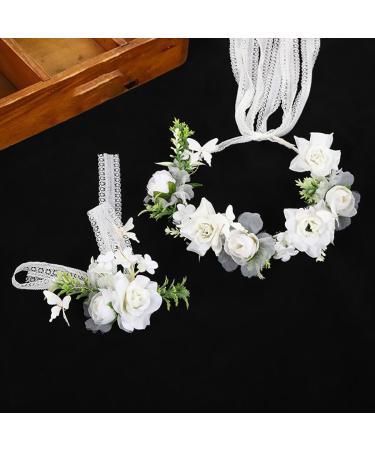 IYOU Flower Girl Headband Set White Rose Floral Holy Communion Hair Wreath Wrist Band Birthday Wedding Crown Headpiece for Girls