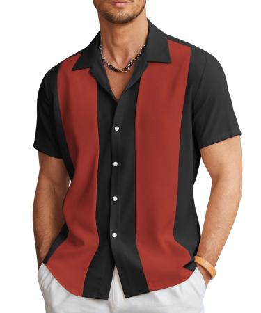 COOFANDY Men's Vintage Bowling Shirt Short Sleeve Button Down Summer Cuba Beach Shirts X-Large Black Red