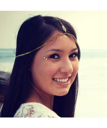 Haloty Boho Fatima Pendant Headchain Gold Sequins Eypsy Headpieces Indian Festival Hair Jewelry Hamsa Hand Forehead Hair Accessories for Women and Girls