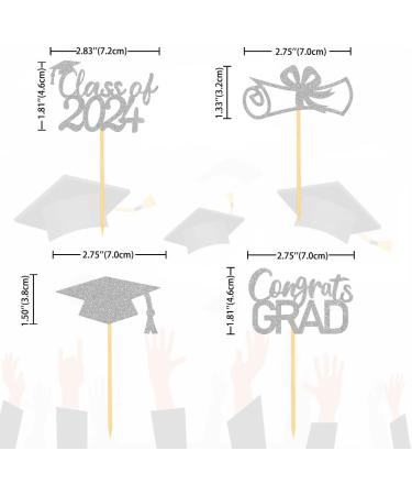 2024 Graduation Theme Cupcake Toppers Glitter Class of 2024 Graduation Cap Diploma Cupcake Picks - Set of 24 (Silver) - Buy Online on SooperMarket.com