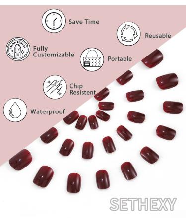 Sethexy 24pcs Velvet Red Square Press-On Nails | Glossy Pure Color Acrylic False Nails for Women & Girls - Buy Online on SooperMarket.com