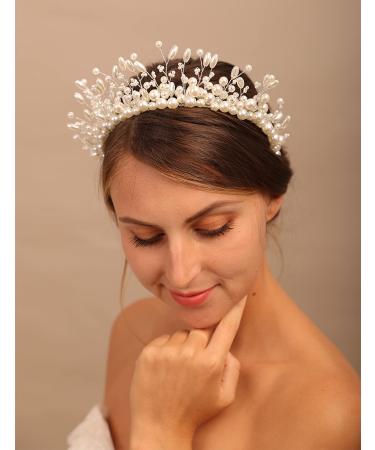 YERTTER Vintage Wedding Pearl Beads Crystal Tiara Hair Crown Handmade Bride Hair Band Bridal Greek Goddess Pearl Head Pieces for Wedding Prom Birthday Party (White)