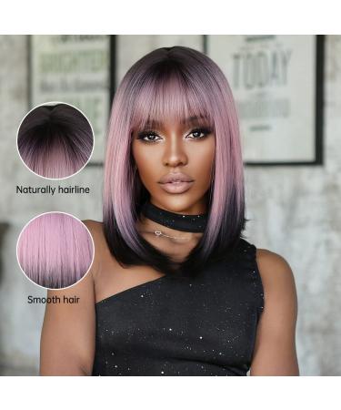 Allbell Black Pink Ombre Bob Wigs for Women | Short Straight Wigs with Bangs | Natural-Looking Hair Replacement for Cosplay & Parties - Buy Online on SooperMarket.com