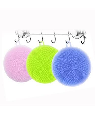 OFKPO Food-Grade Round Antibacterial Silicone Sponge Dish Scrubber Dishwashing Cleaning Brush Sponge Scrubber Kitchen Cleaning Tools(3 PCS)