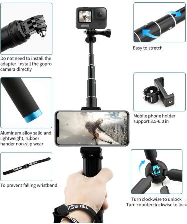 AFAITH Aluminum Alloy Selfie Stick for GoPro, Insta360, DJI OSMO Action - Waterproof Handheld Monopod with Stable Tripod - Buy Online on SooperMarket.com