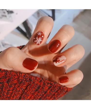 Vatocu Christmas False Nails Short Red Press on Nails Snowflakes Elk Fake Nails Snowman Acrylic Stick on Nails for Women and Girls(24pcs) B