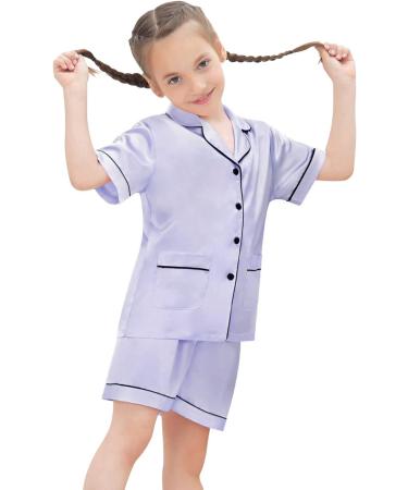 SWOMOG Kids Satin Pyjamas Set | 2 Piece Button-Down Pjs | Short Sleeve Silk Nightwear for Girls Boys | Ages 6-7 | Lavender - Buy Online on SooperMarket.com