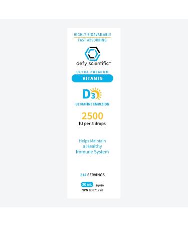 Defy Scientific Ultrafine Emulsion Vitamin D3 2500 IU Liquid (30 mL) Ultra Premium - For Maintenance of Healthy Immune System Bones and Teeth - Gluten and Dairy Free - Buy Online on SooperMarket.com