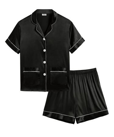 SWOMOG Kids Satin Pyjamas Sets Girls Boys Button-Down Pjs Short Sleeve Silk Nightwear 2 Piece Lounge Sets 6-7 Years Black