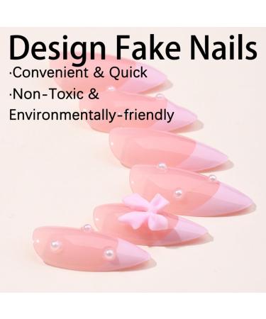 24Pcs Cute Pink French Press On Nails - Almond Shape Bow & Pearl Design - Luxury False Nails for Women - Full Cover Acrylic Manicure Accessories - Buy Online on SooperMarket.com