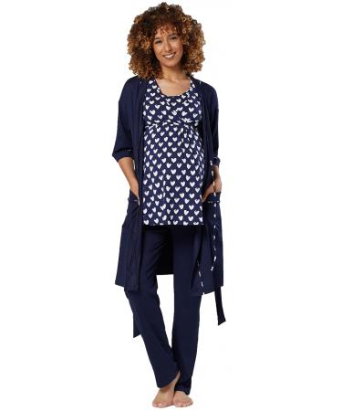 HAPPY MAMA Women's Maternity Nursing 3pcs Nightwear Set: Pants - Top - Robe 558p 8 Navy With Hearts