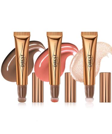 3 Pcs Liquid Contour Beauty Wand Set, Contour & Blush & Highlighter Stick with Cushion Applicator, Attached Easy to Blend, Long Lasting & Smooth Natural Matte Finish (01#02#04)