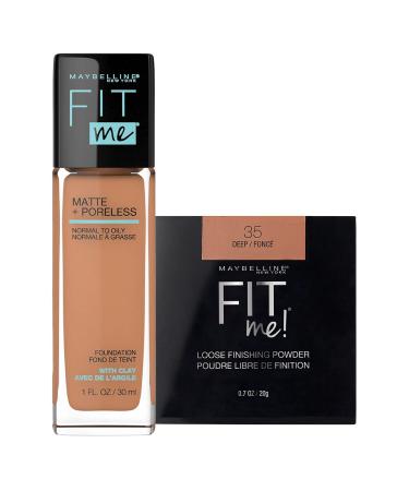 Maybelline New York Fit Me Matte + Poreless Liquid Foundation Makeup Coconut 1 fl. oz. and Loose Finishing Powder Deep 0.7 Oz