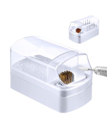 Andibro 2 In 1 Nail Drill Bits Holder 30 Holes Dustproof Nail Bits Organizer Nail Drill Bits Cleaning Brush Case Dustproof Nail Art Drill Bits Stand Display Storage Box Cleaner Manicure Tools(White)