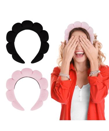 SINLAND Spa Headband for Washing Face Versed Headband Sponge & Terry Cloth Skin Care Hair Band Makeup Headband for Women and Girls Anti-slip Strip Design 2 Pack black+pink