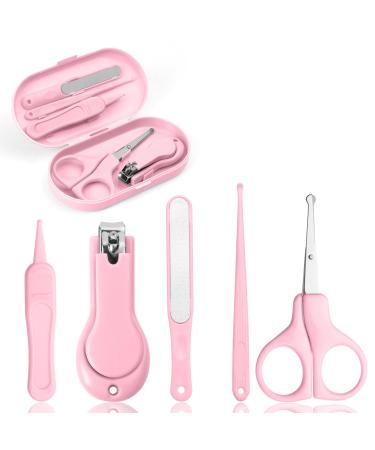 Vicloon Baby Nail Kit 5-in-1 Baby Nail Care Set Baby Nail Care Tool Baby Manicure Set Includes Nail Clippers Scissor Earpick Nail File and Tweezer for Newborn Infant Toddler pink