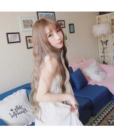 Spot Korea Women s long curly hair thin bangs corn hot top hair wig headgearGrandma ash Linen