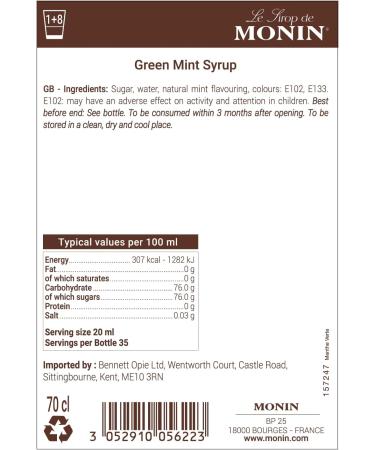 MONIN Premium Green Mint Syrup 700ml for Cocktails and Mocktails - Vegan-Friendly & Allergen-Free - Buy Online on SooperMarket.com