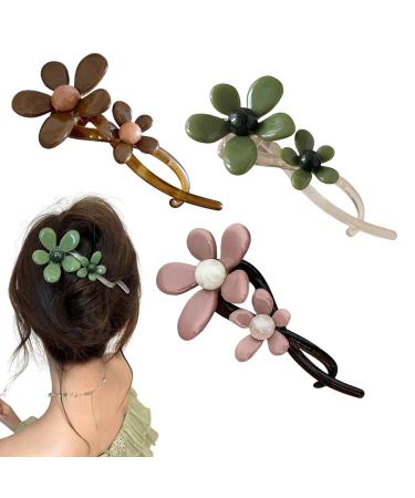 3pcsRetro flower duckbill straight hairpin Large Non Slip Duckbill Hair Clips flower flat strong matte claw clip (C)